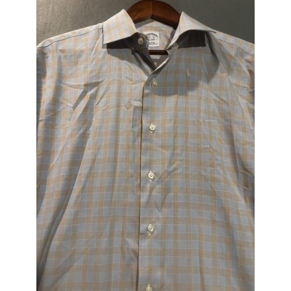 Brooks Brothers Men's Dress Shirt Blue Brown Plaid Button 16.5-35 Made In USA